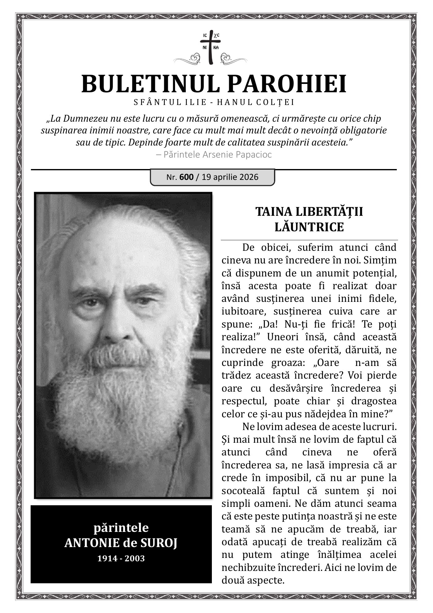 Pagina întâi a numărului 600